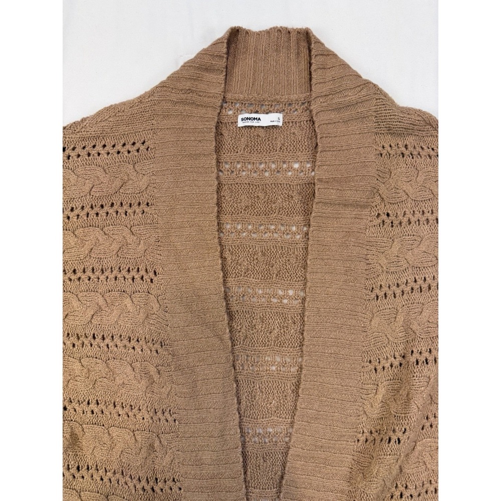 SONOMA Cable‎ Knit Cardigan Sweater Womens L Camel Tan Pockets Cozy Open Front